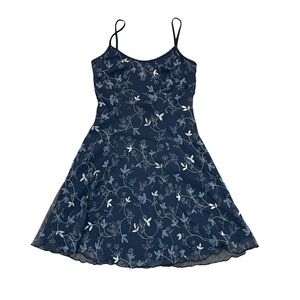 Vtg Y2K Navy Blue Floral Print Spaghetti Strap Mini Dress with Mesh Overlay XS